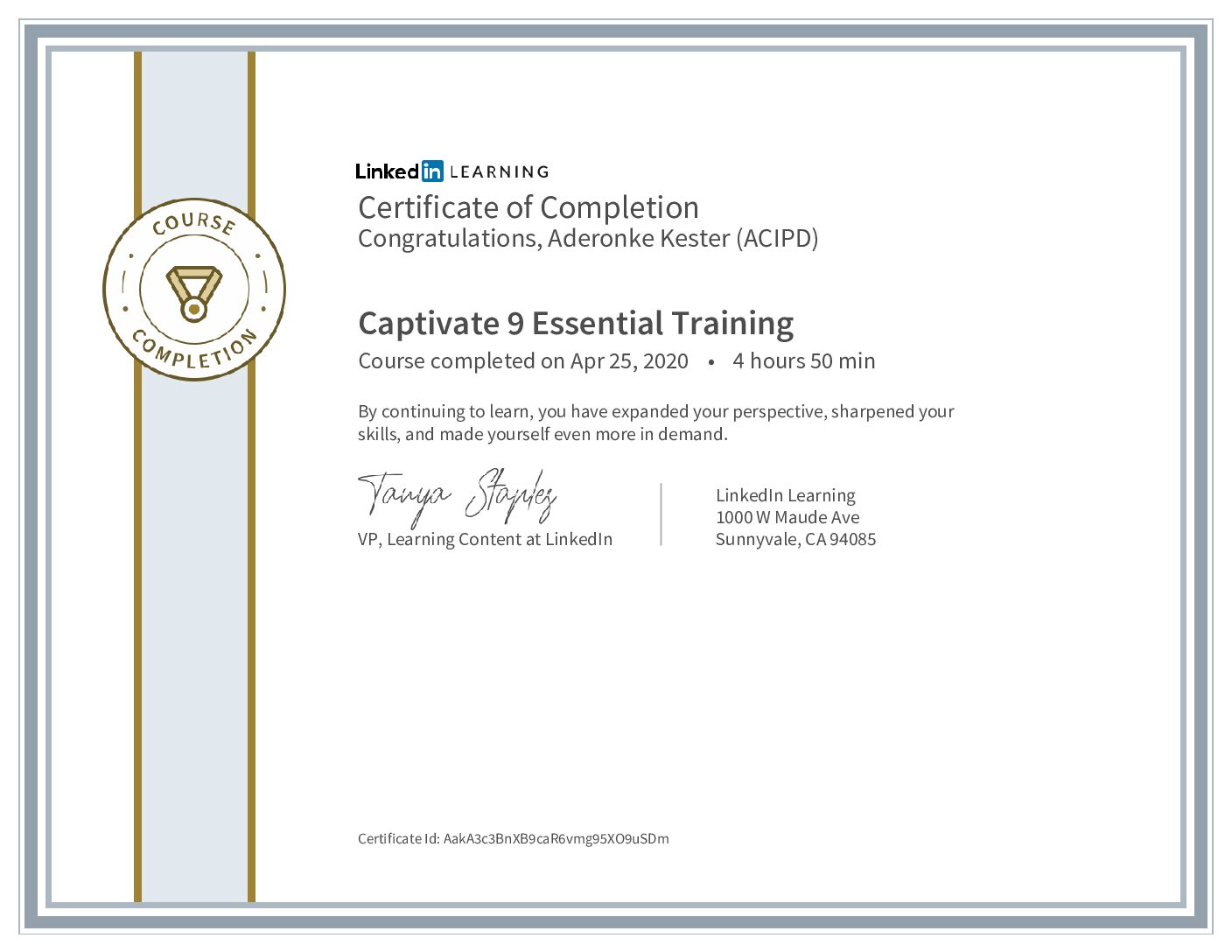 CertificateOfCompletion_Captivate 9 Essential Training